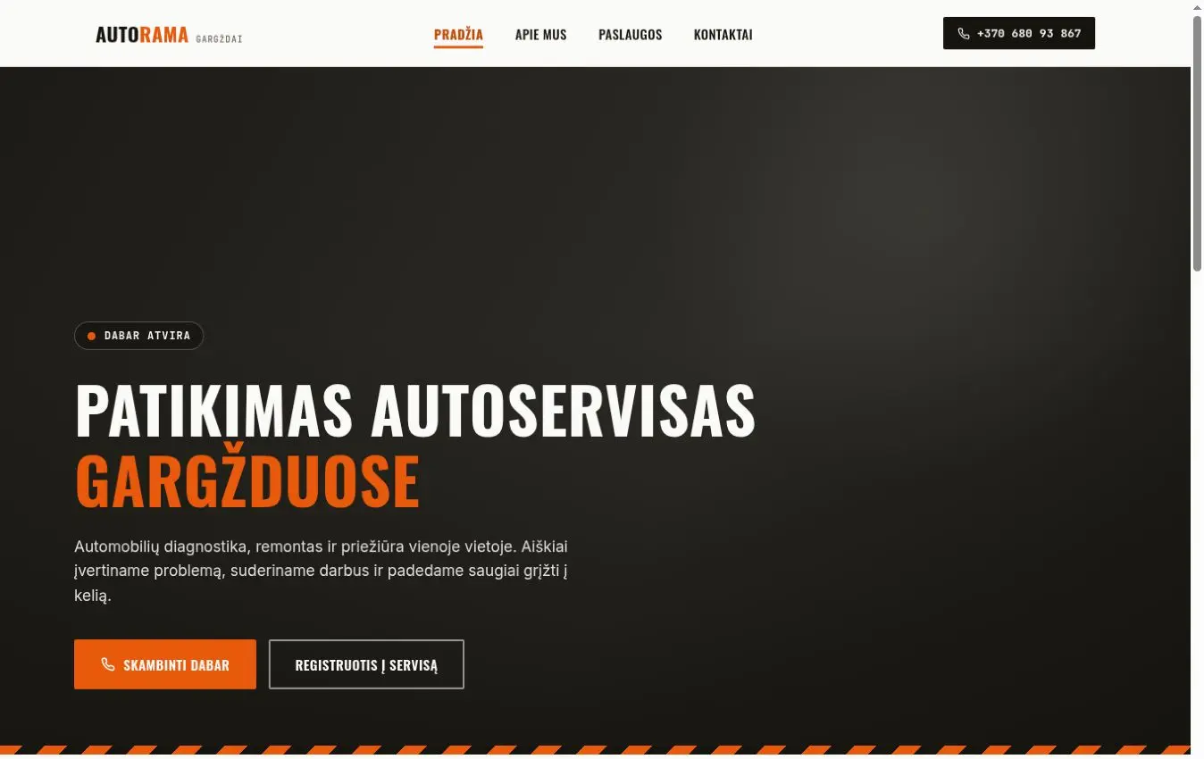 AutoRama autoserviso svetainės prototipo pradinis vaizdas