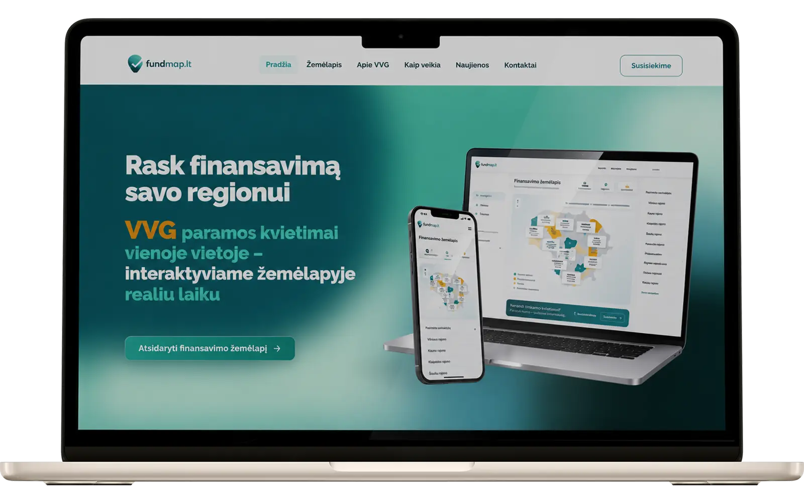 Fundmap.lt finansavimo platforma nešiojamojo kompiuterio ekrane